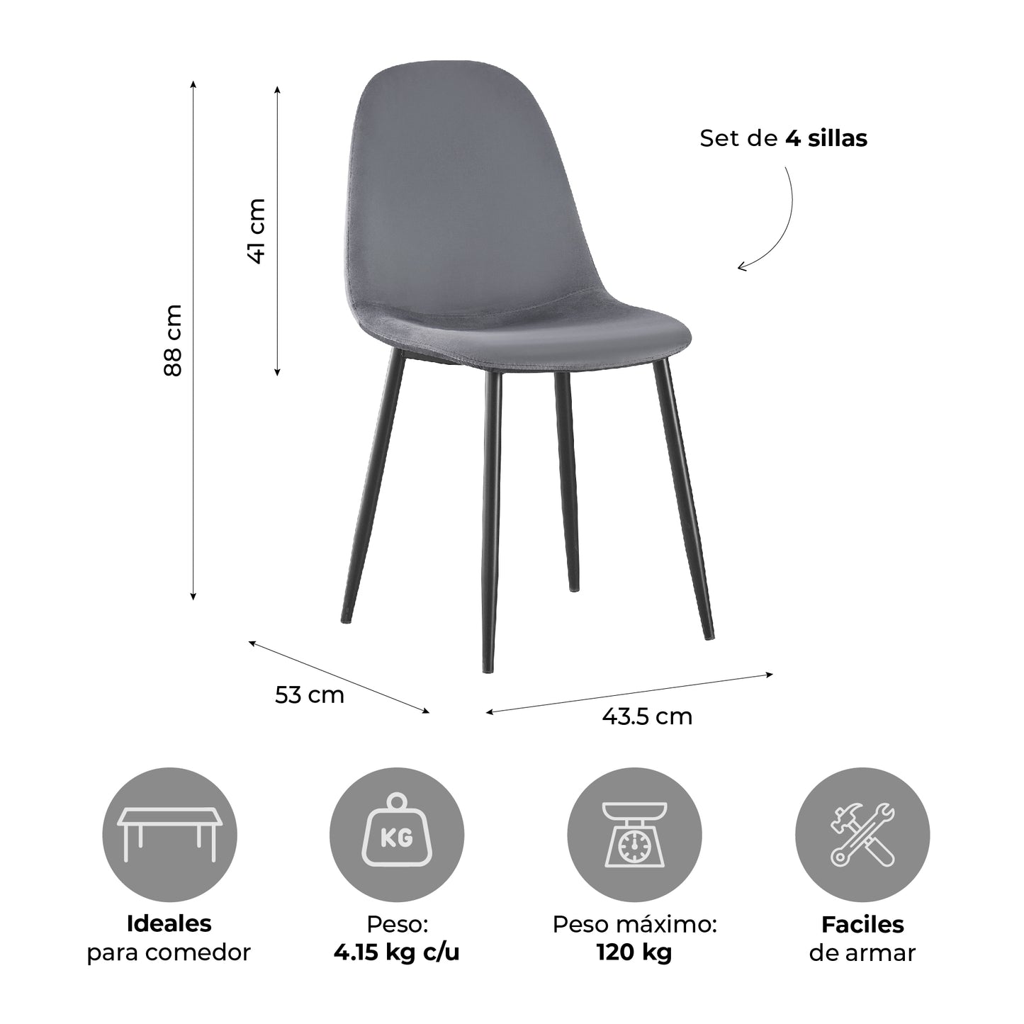 Set 4 Sillas de Sala Comedor Eames Terciopelo Gris