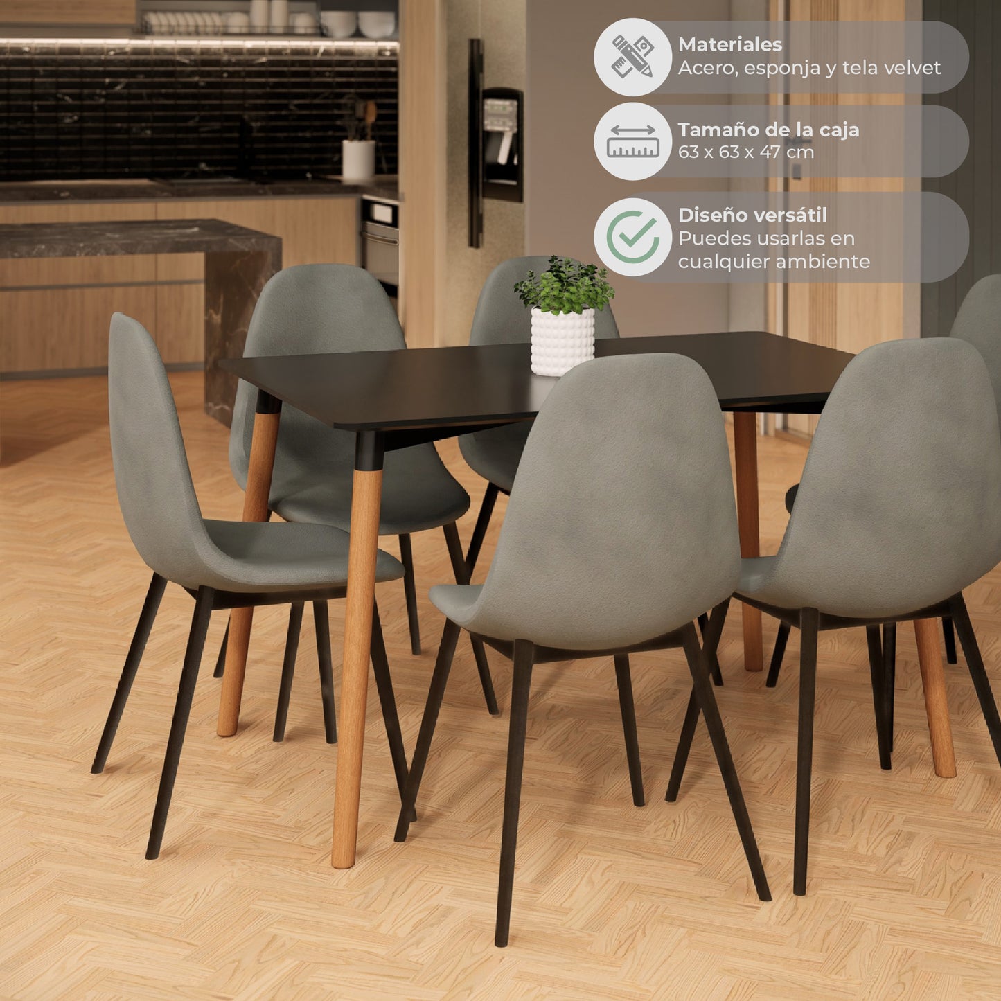 Set 4 Sillas de Sala Comedor Eames Terciopelo Gris