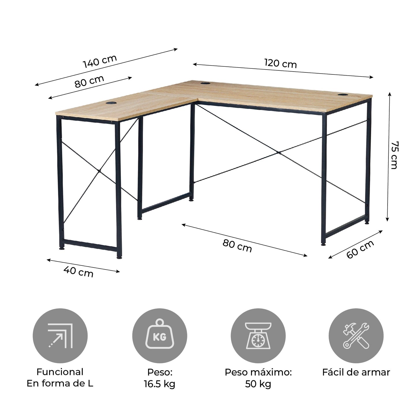 Escritorio con Forma de L Beige y Negro
