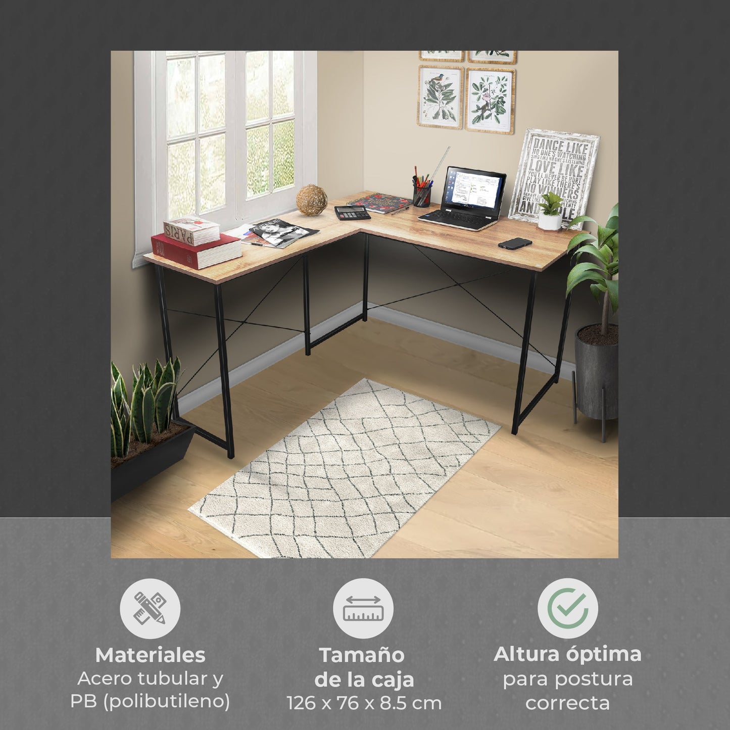 Escritorio con Forma de L Beige y Negro