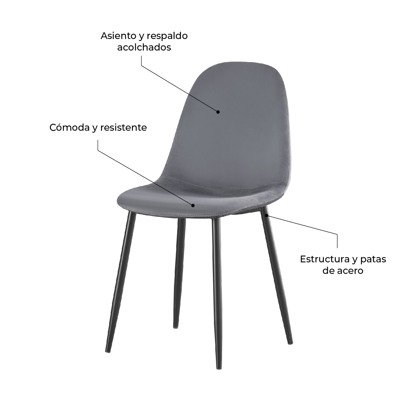 Set 4 Sillas de Sala Comedor Eames Terciopelo Gris