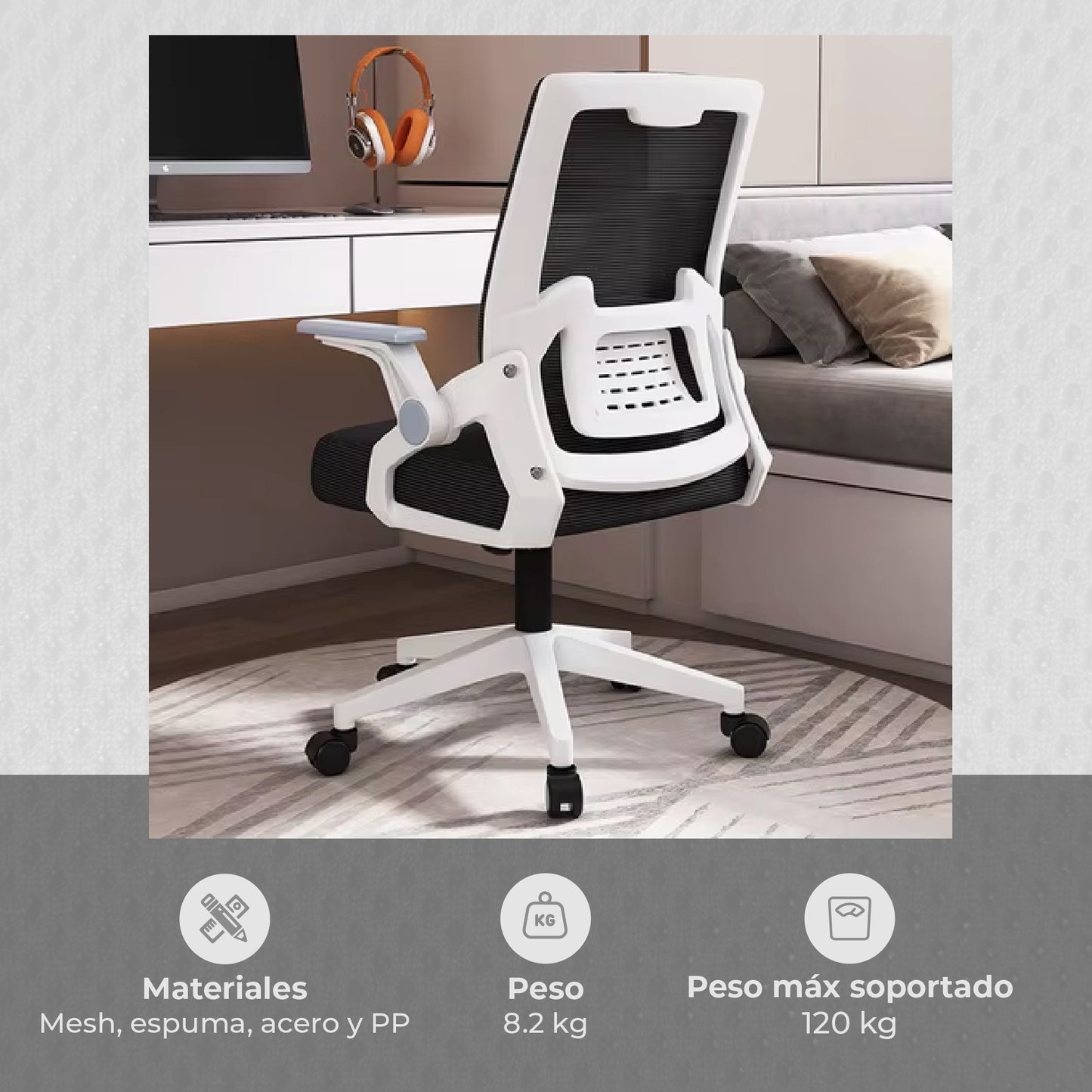 Silla de Oficina Ergonómica Brazos Abatibles Blanca y Negra