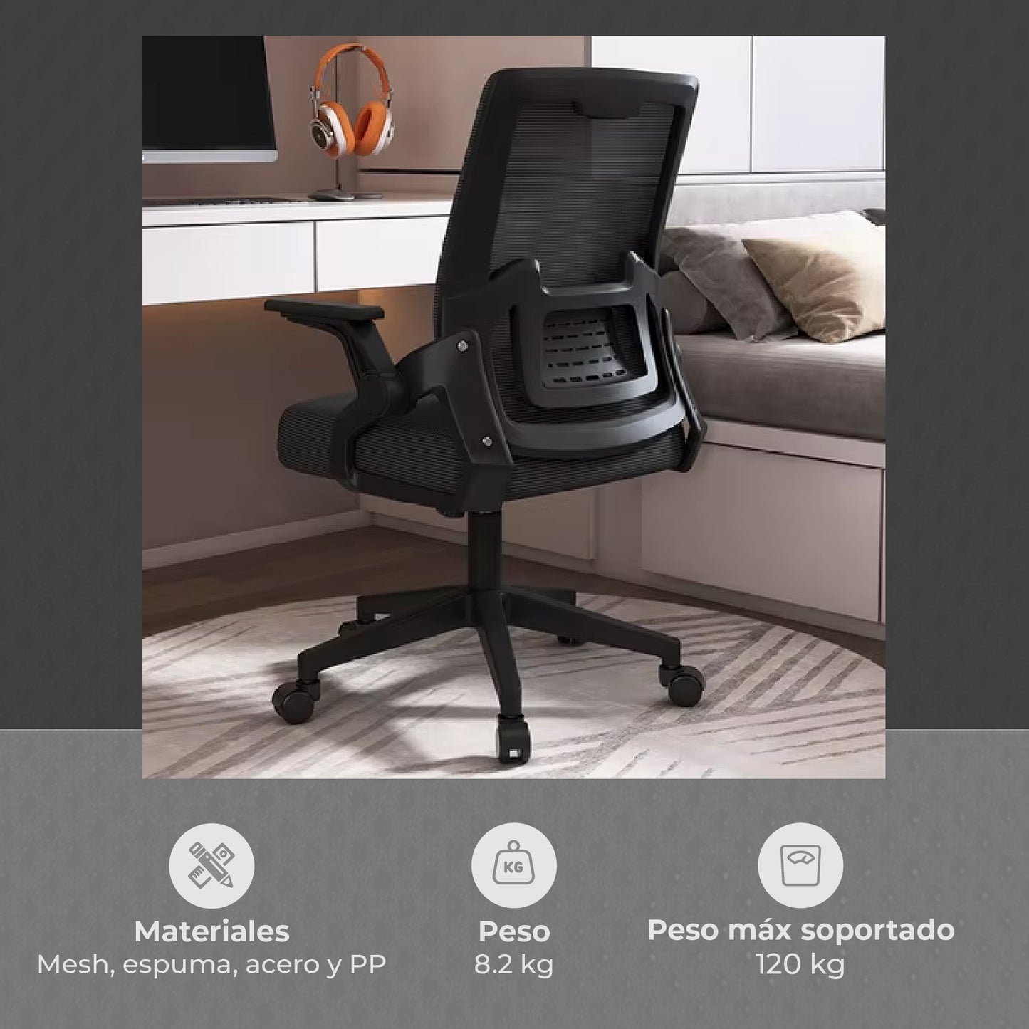 Silla de Oficina Ergonómica Brazos Abatibles Negra