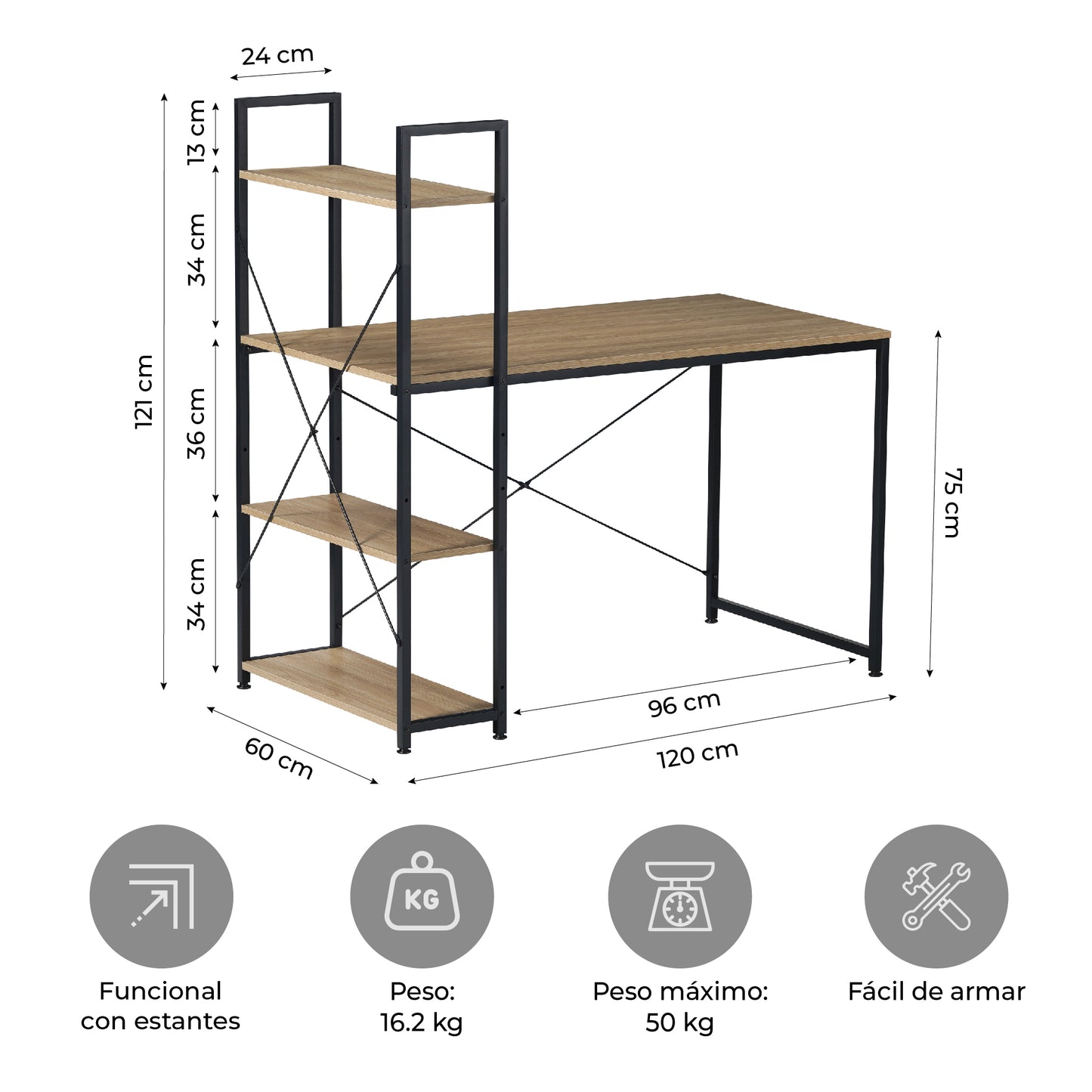 Escritorio con Estantes Negro y Beige