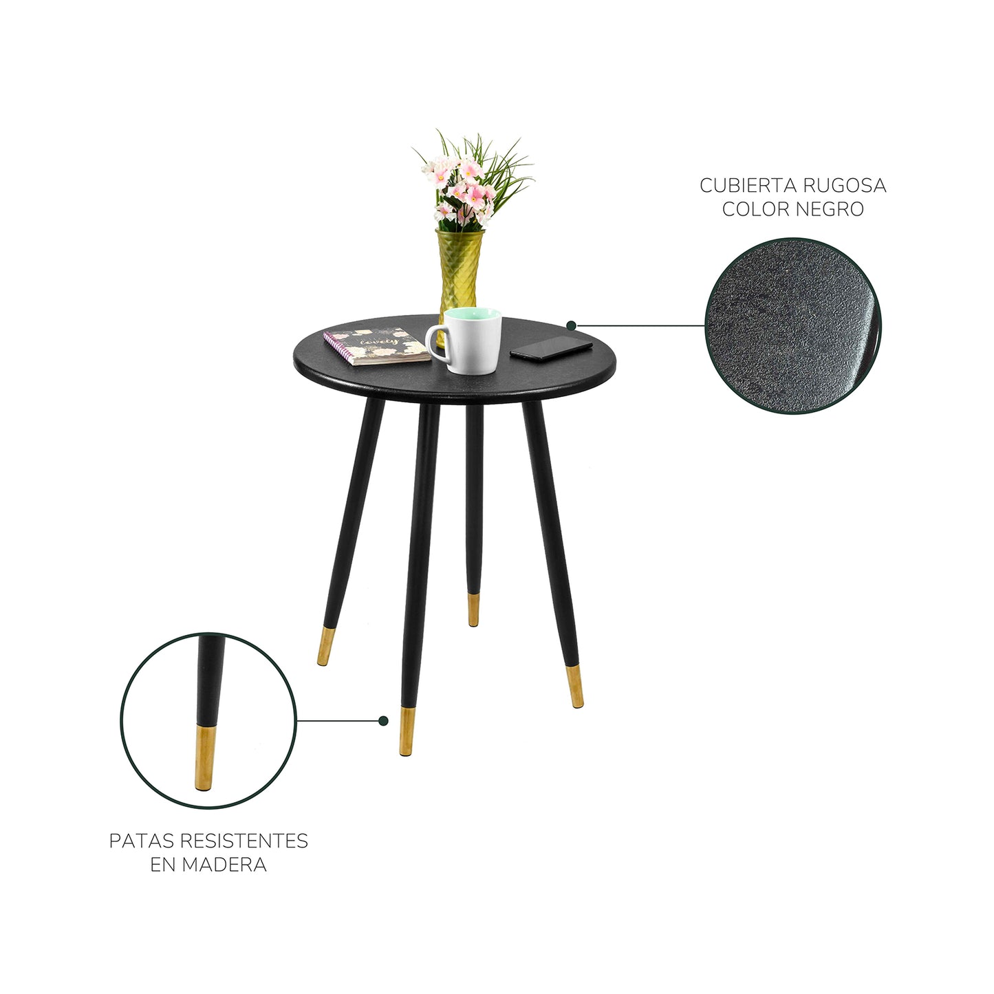 Mesa Auxiliar Bali Circular Estilo Minimalista Negra