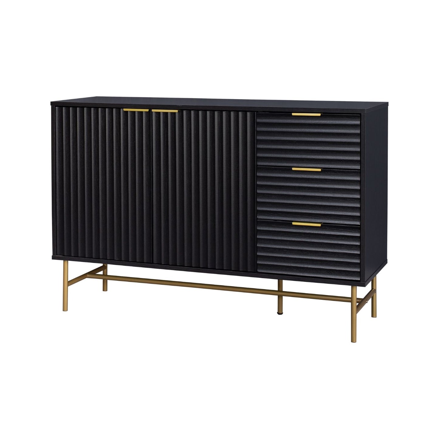Credenza Bufetera con Puertas y Cajones Diseño Acanalado Negro y Dorado