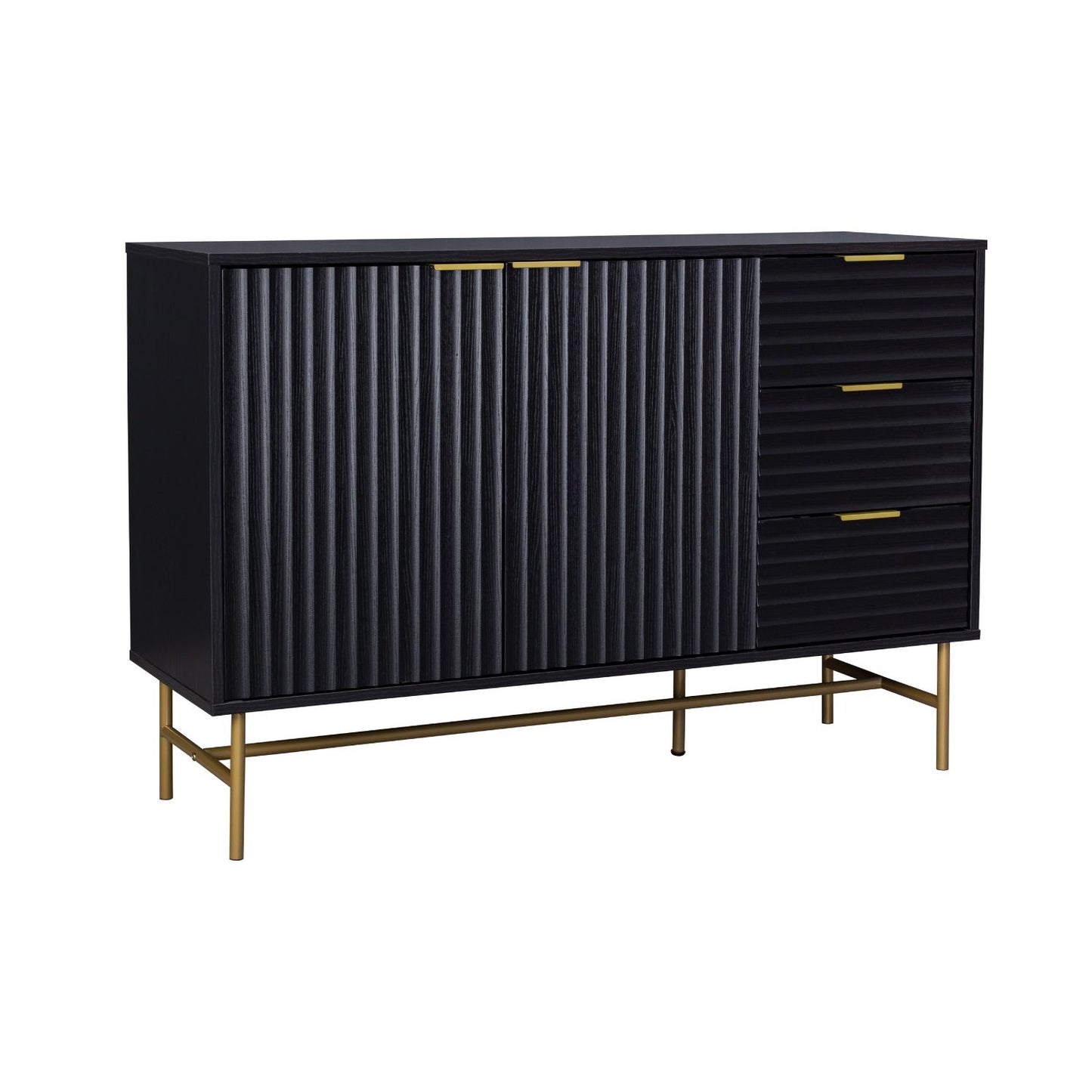 Credenza Bufetera con Puertas y Cajones Diseño Acanalado Negro y Dorado