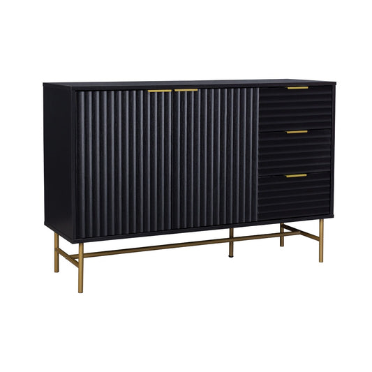 Credenza Bufetera con Puertas y Cajones Diseño Acanalado Negro y Dorado