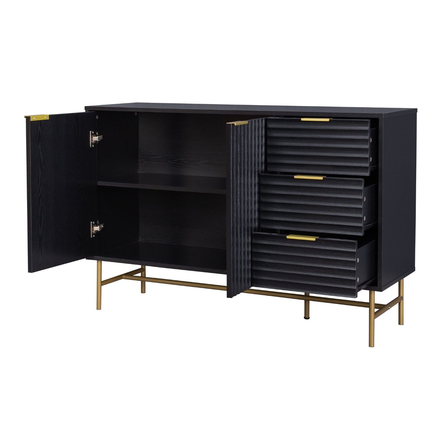 Credenza Bufetera con Puertas y Cajones Diseño Acanalado Negro y Dorado