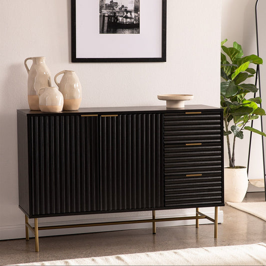 Credenza Bufetera con Puertas y Cajones Diseño Acanalado Negro y Dorado