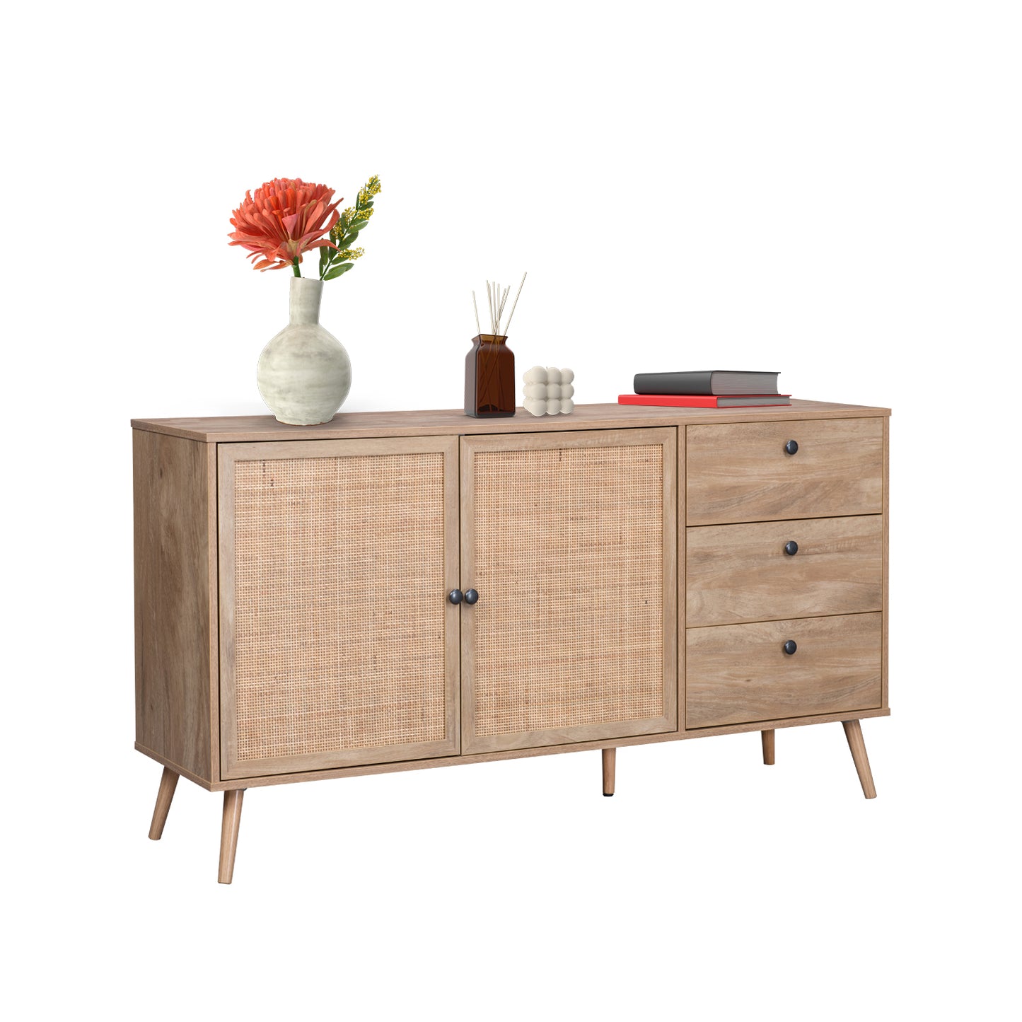 Credenza Bufetera con Cajones y Puertas de Ratán
