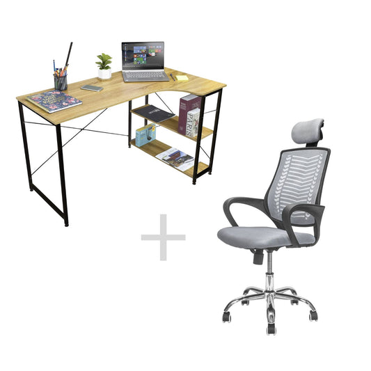 Combo Escritorio con Repisas + Silla de Oficina Gris