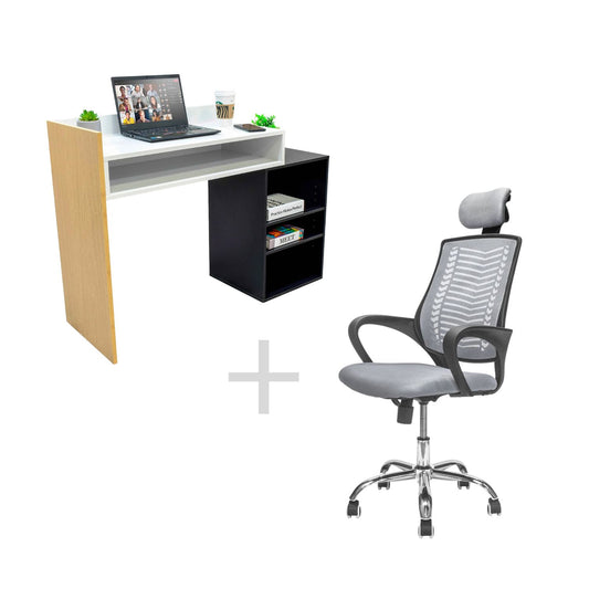 Combo Escritorio Escalonado + Silla de Oficina Gris