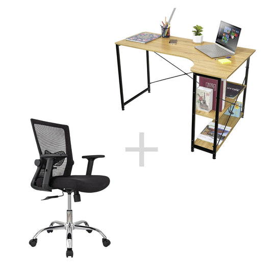 Combo Escritorio con Repisas + Silla de Oficina Delphi Negra