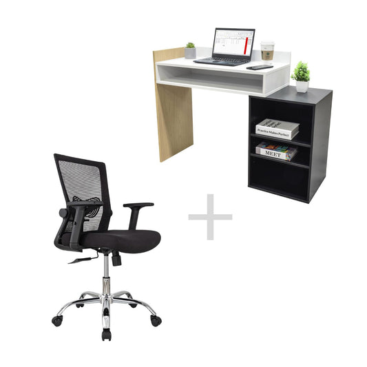 Combo Escritorio Escalonado + Silla de Oficina Delphi Negra