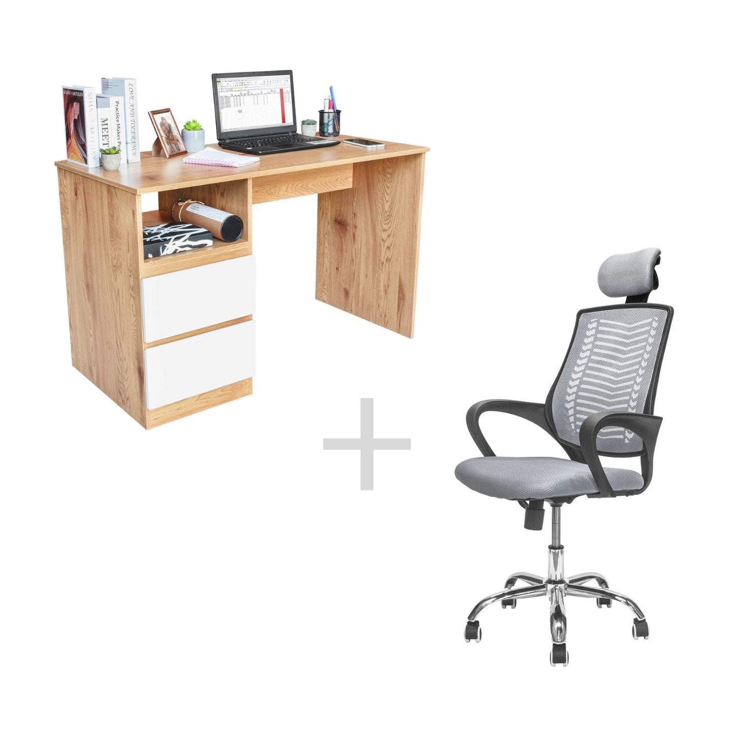 Combo Escritorio con Cajones + Silla de Oficina Gris