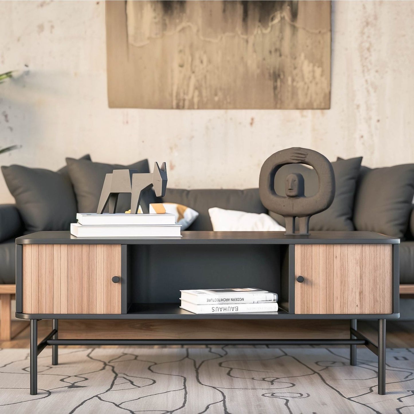 Mesa de Centro Moderna con Puertas Corredizas