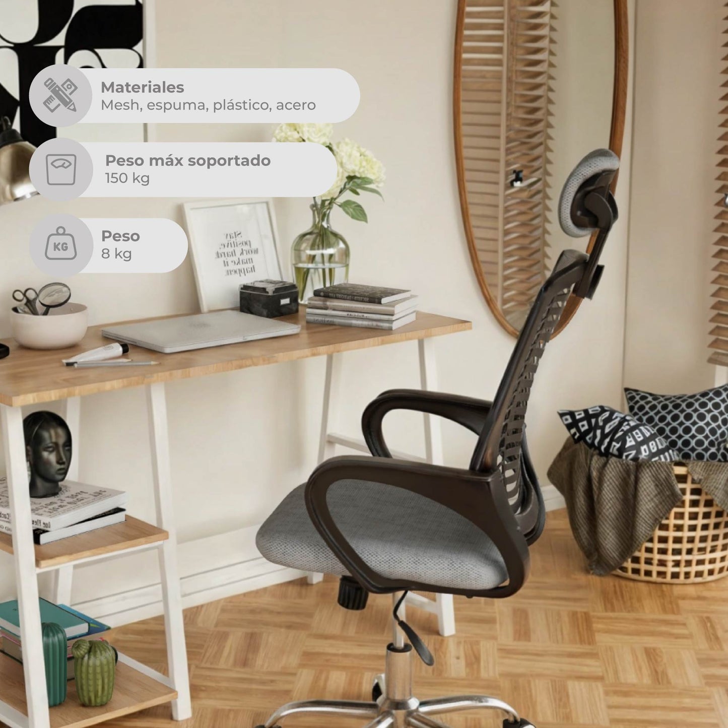 Silla de Oficina con Cabecera Ajustable Gris