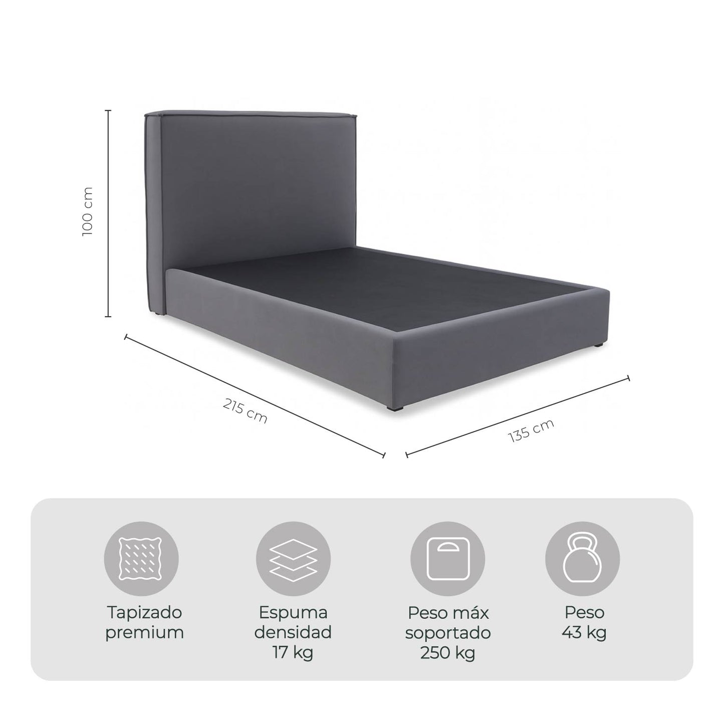 Cama Matrimonial Hera Con Cabecera Gris