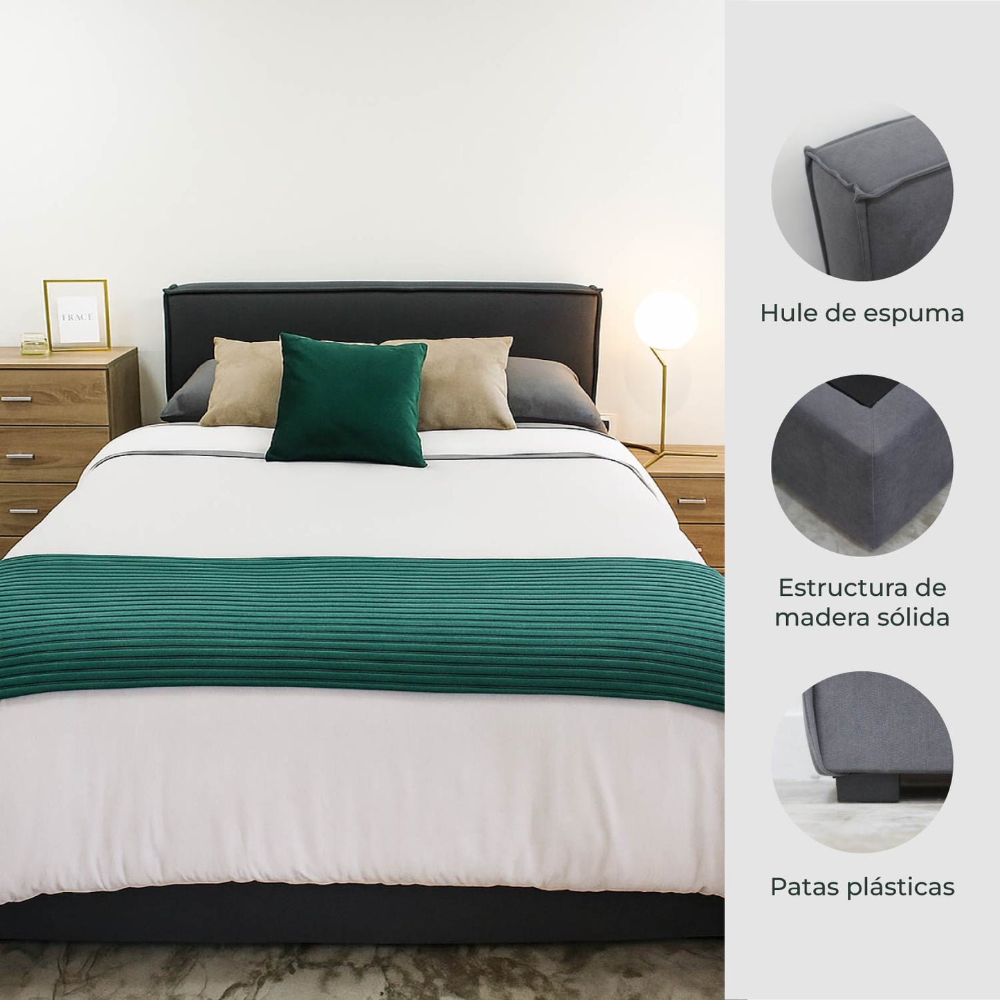 Cama Matrimonial Hera Con Cabecera Gris