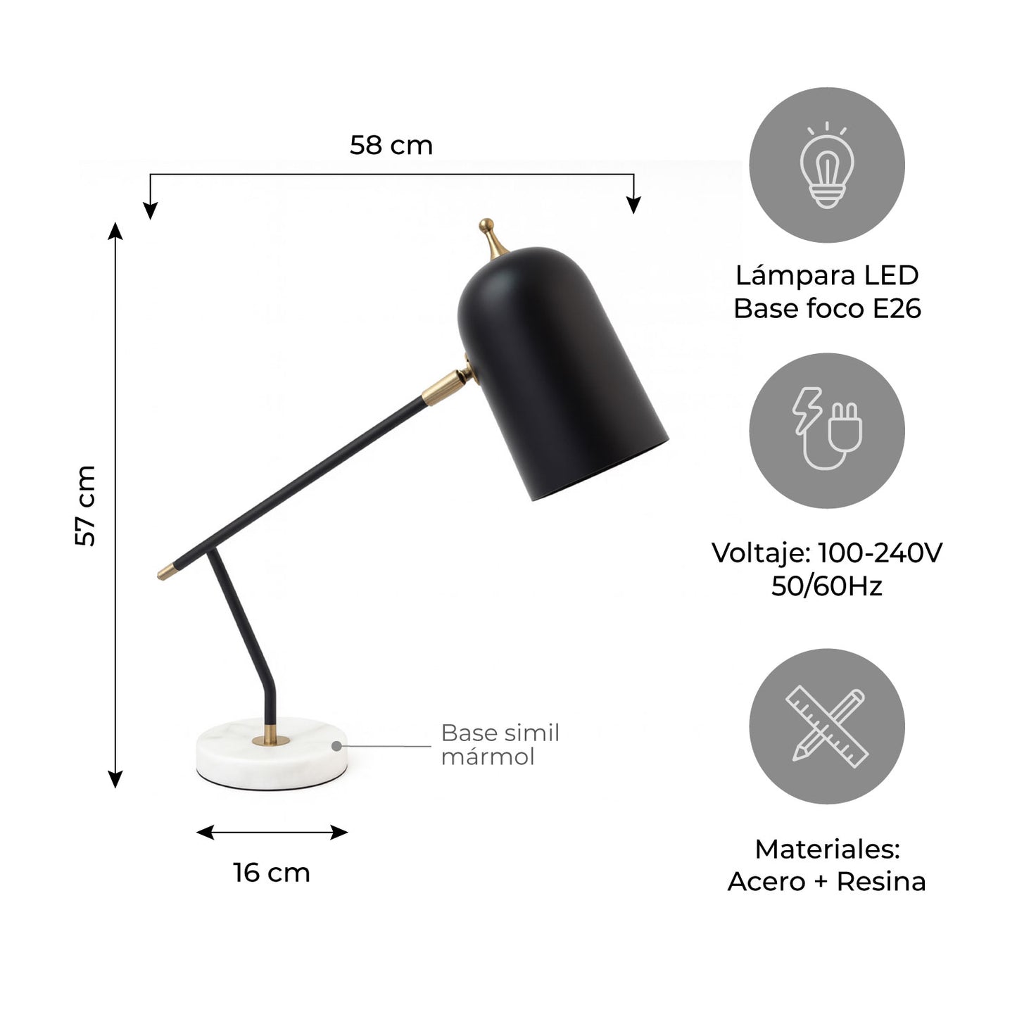 Lámpara de Mesa LED Moderna Negra Detalles Dorados