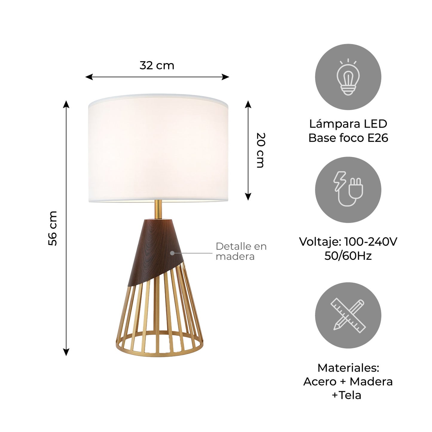 Lámpara de Mesa LED Base Varillada Dorada