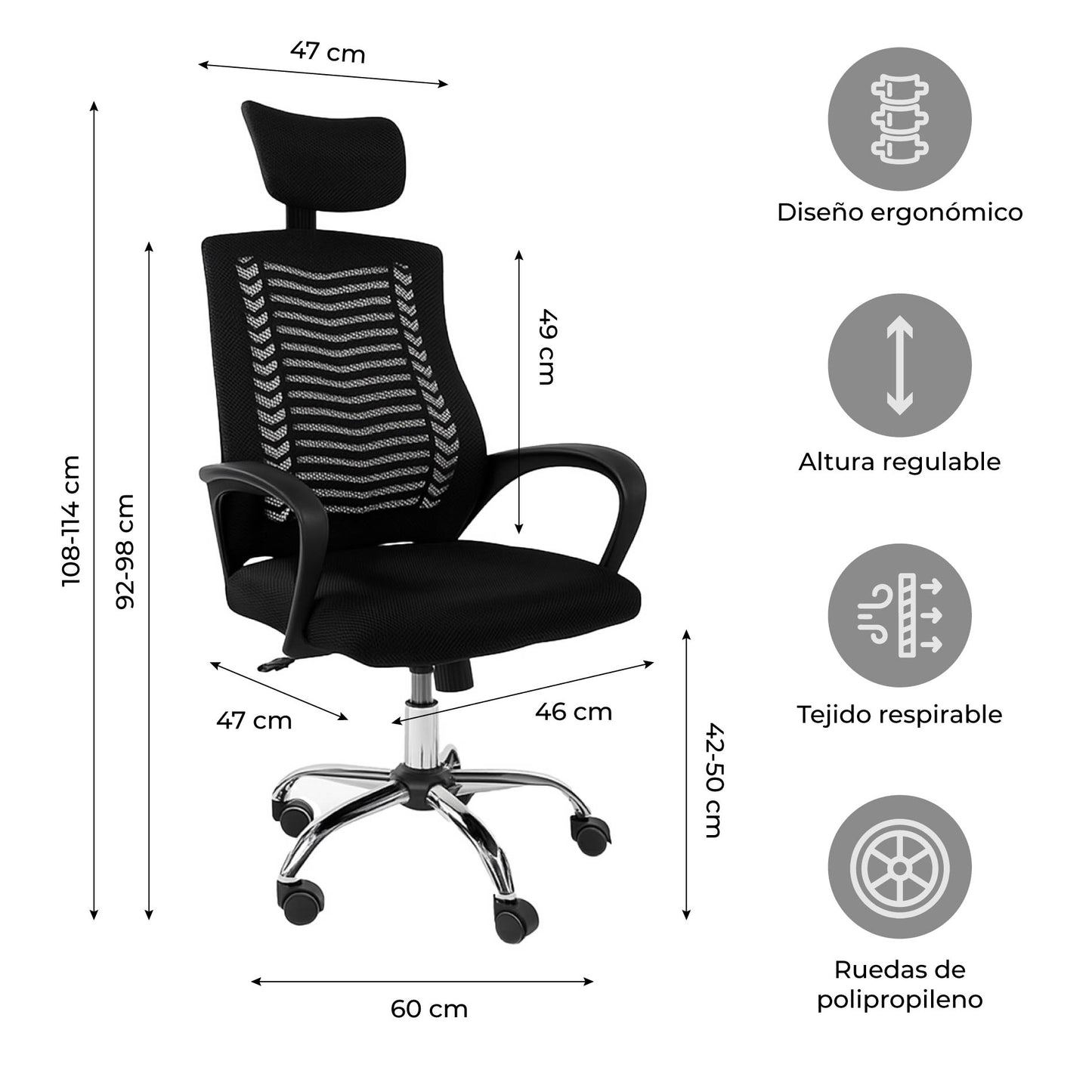 Silla de Oficina con Cabecera Ajustable Negra