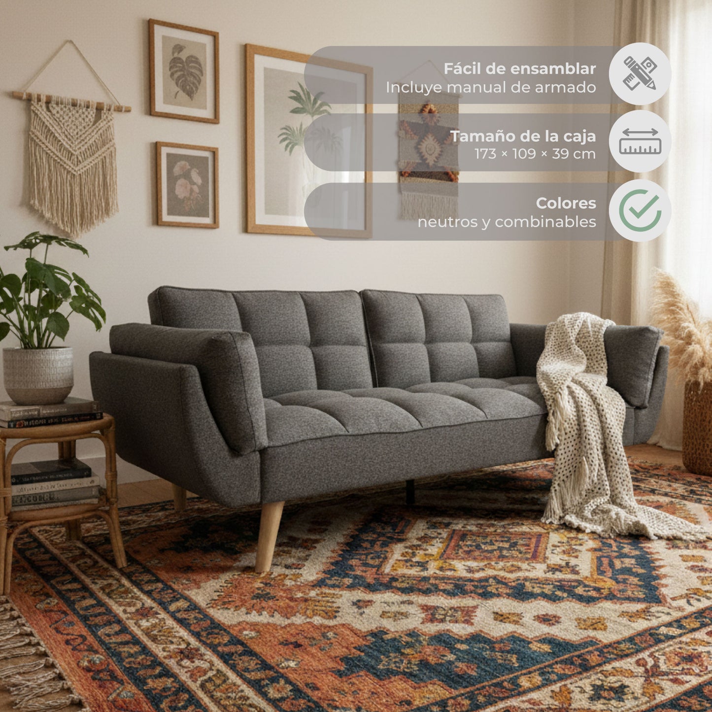 Sofá Cama 3 Plazas Buher Gris