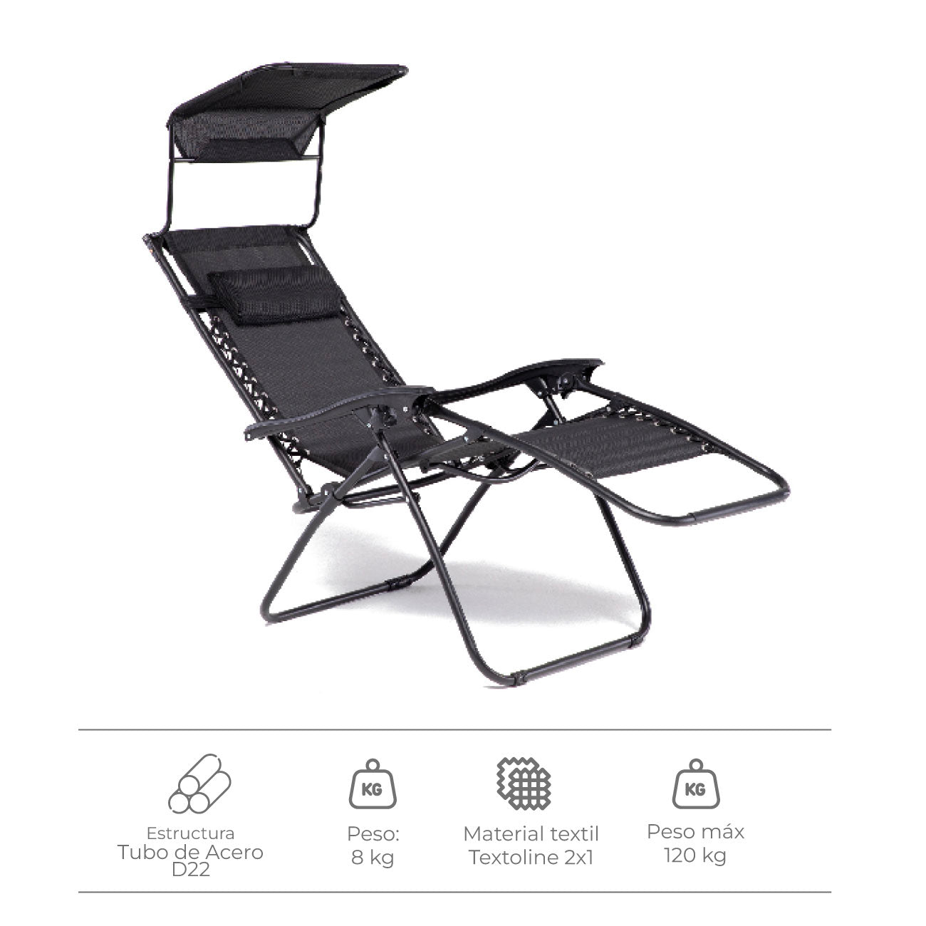 Set 2 Sillas Camastro Reclinables Con Toldo Negro