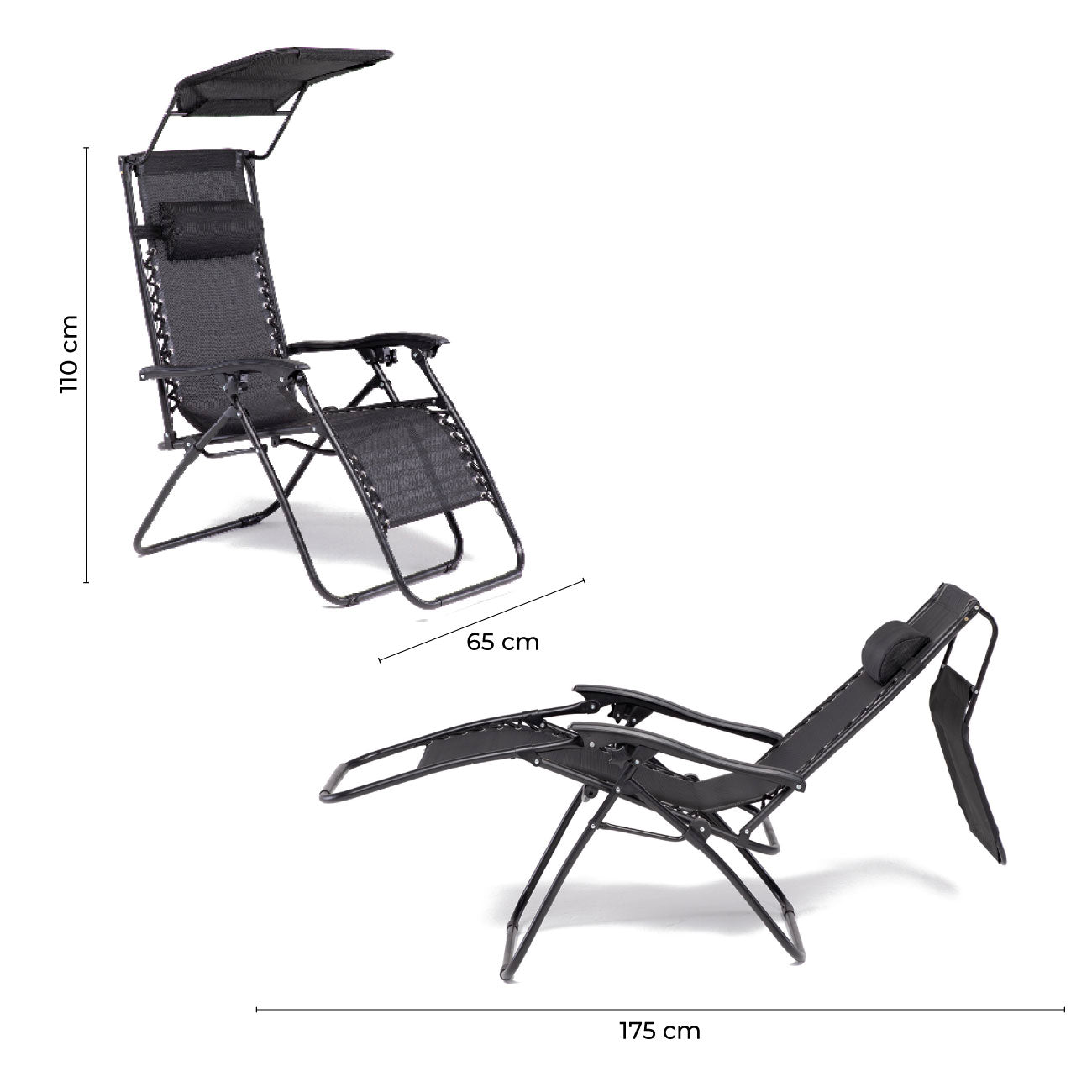 Set 2 Sillas Camastro Reclinables Con Toldo Negro