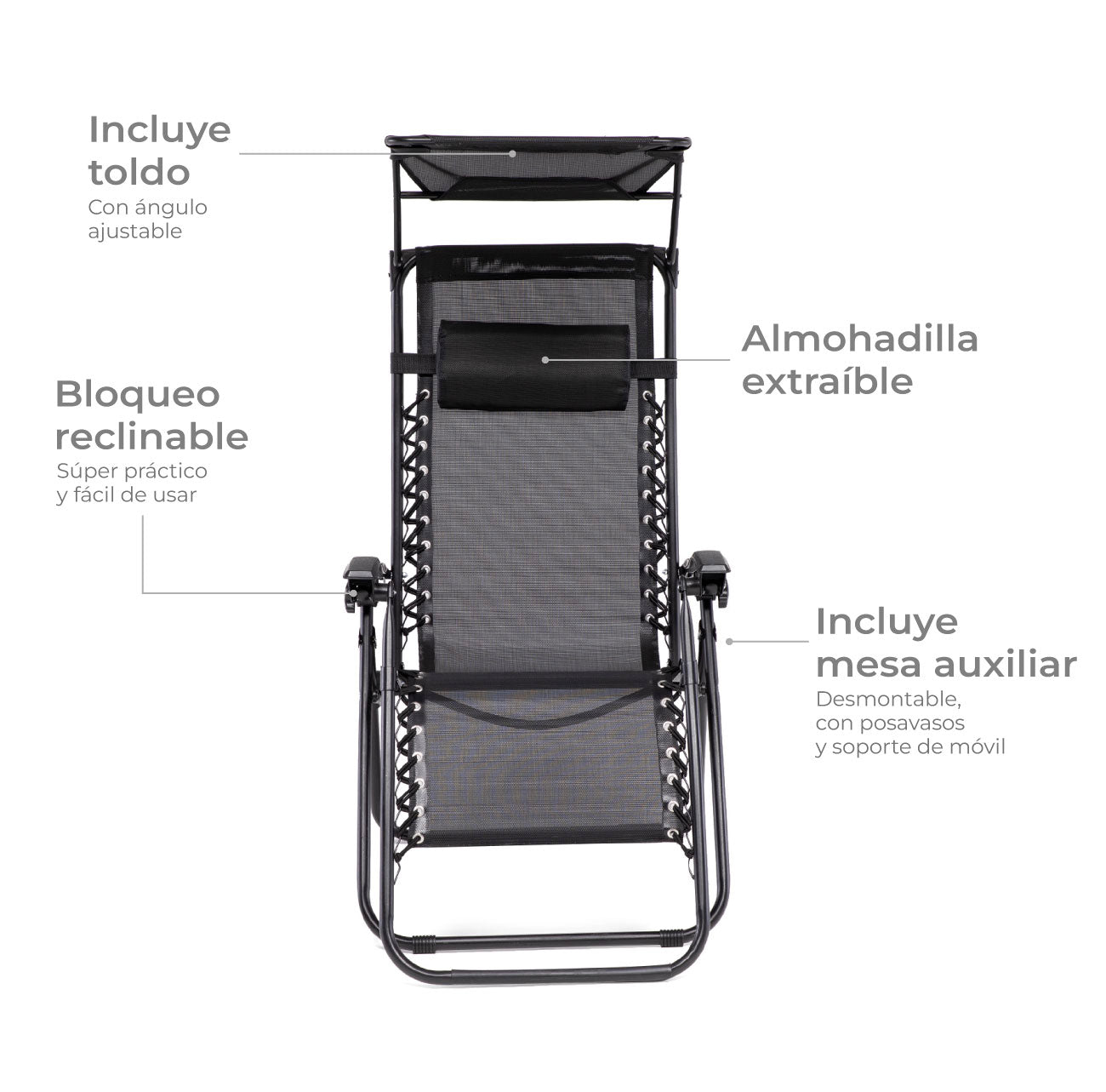 Set 2 Sillas Camastro Reclinables Con Toldo Negro