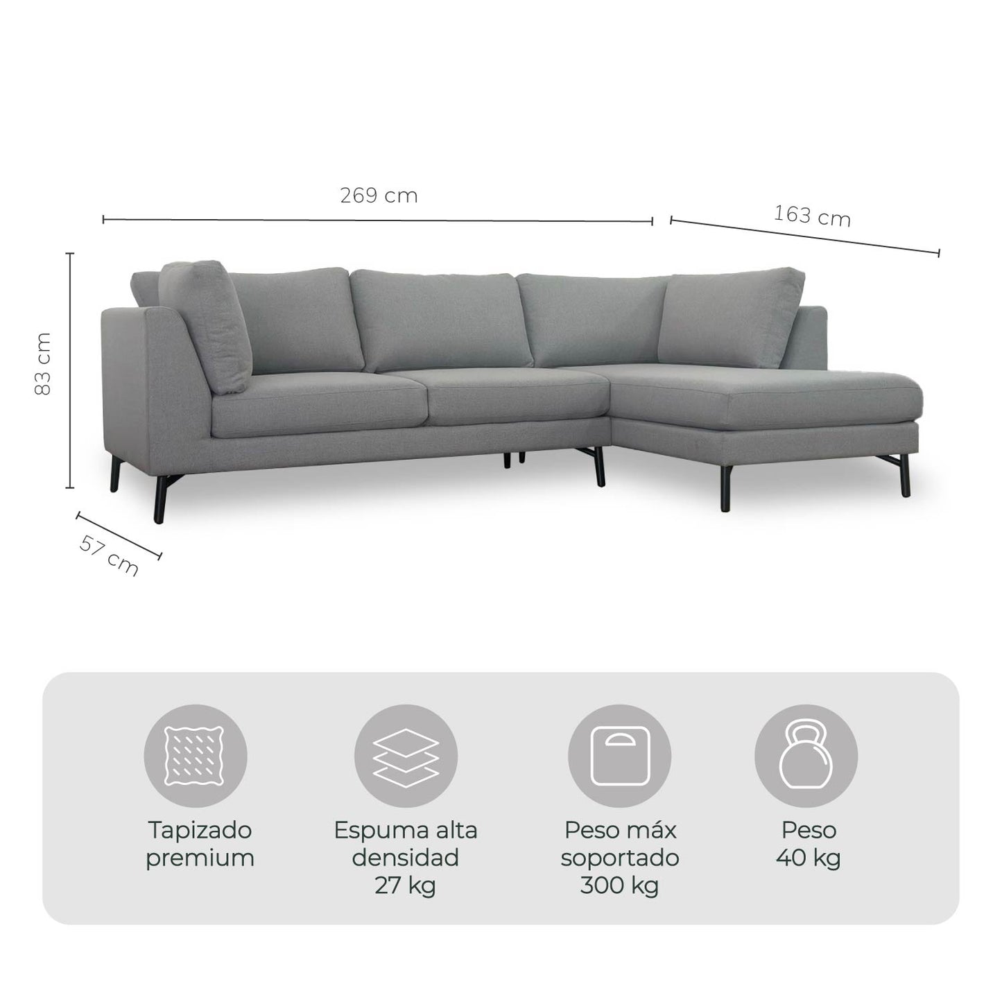 Combo Sofá Modular + Sillón Individual Murcia Gris Claro