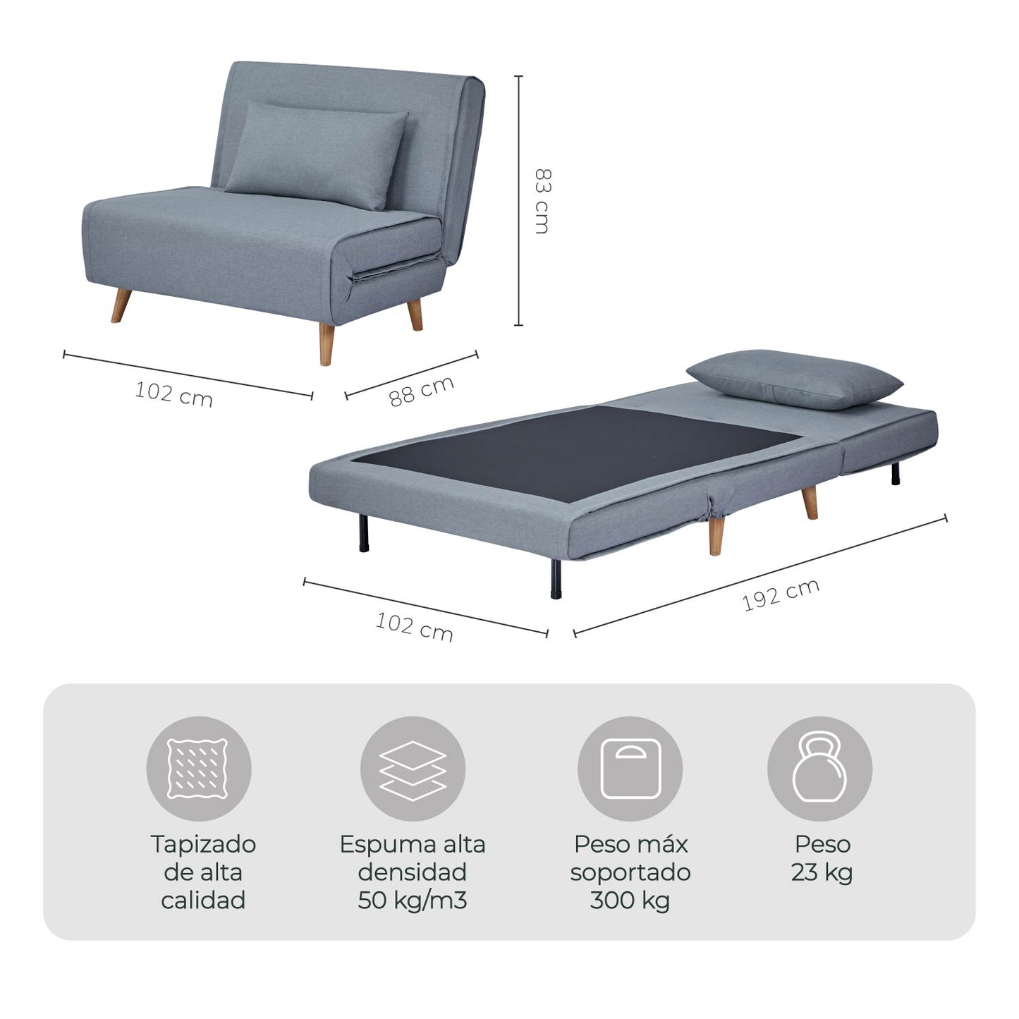 Sillón Sofá Cama Individual Velne Plegable Gris