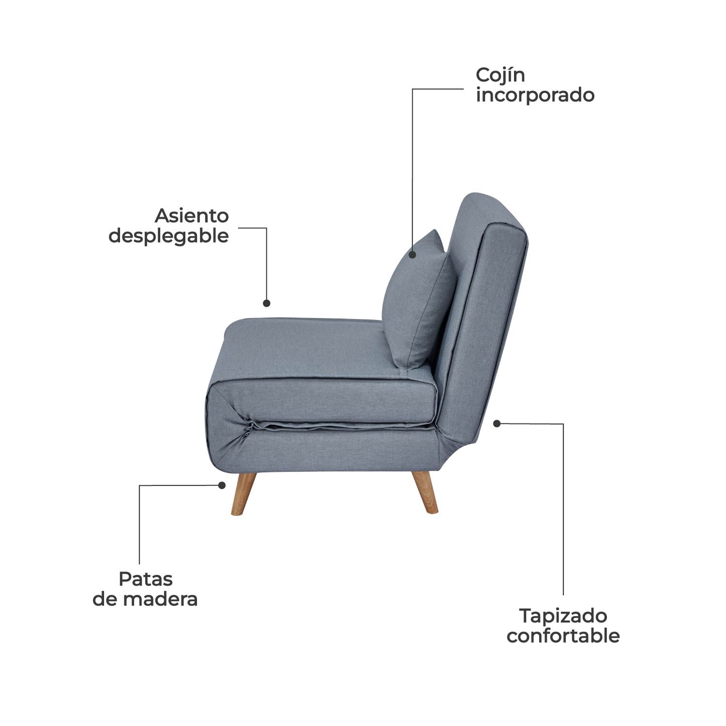 Sillón Sofá Cama Individual Velne Plegable Gris