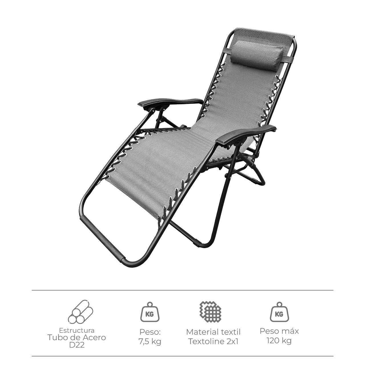 Set 2 Sillas Camastro Reclinables Gris