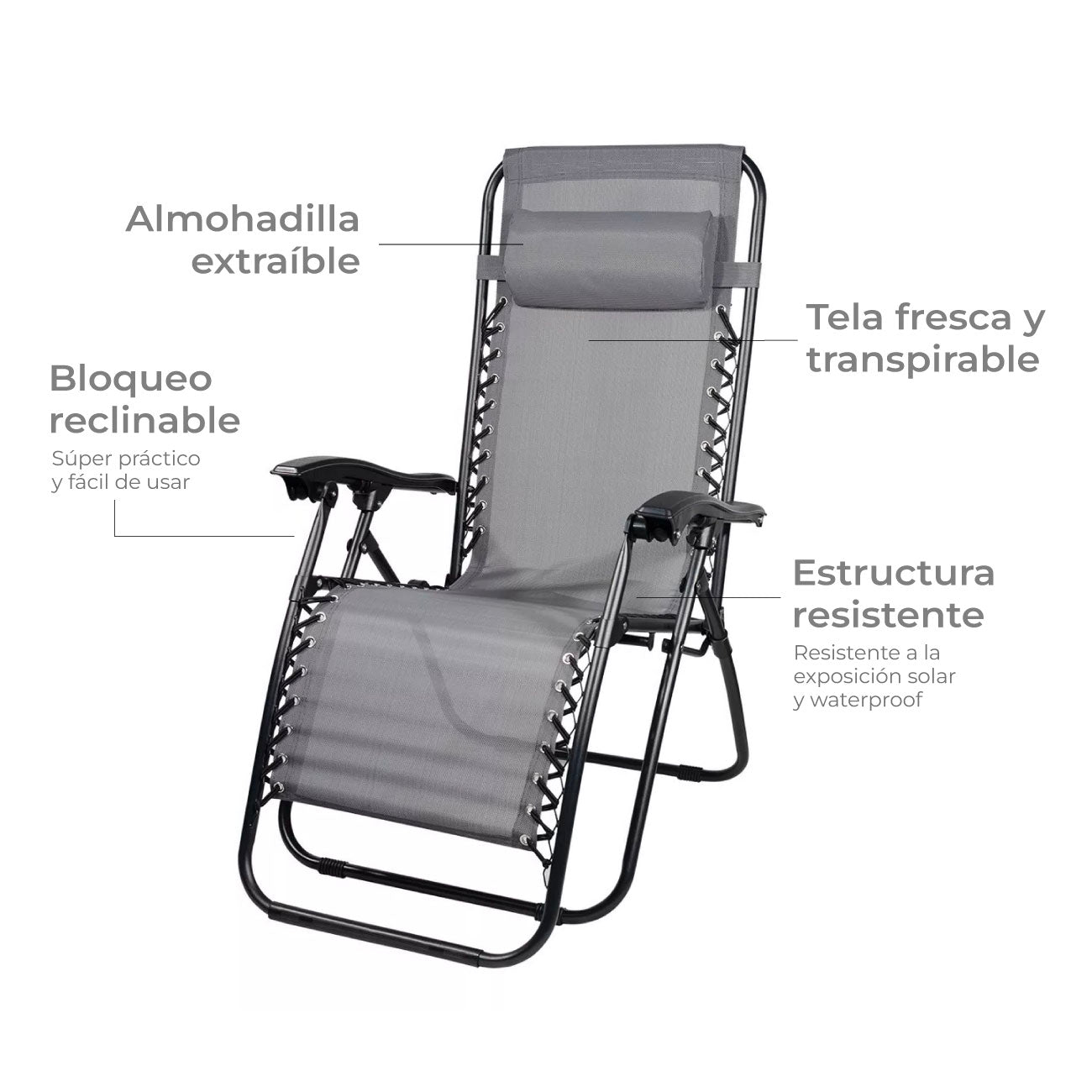 Set 2 Sillas Camastro Reclinables Gris