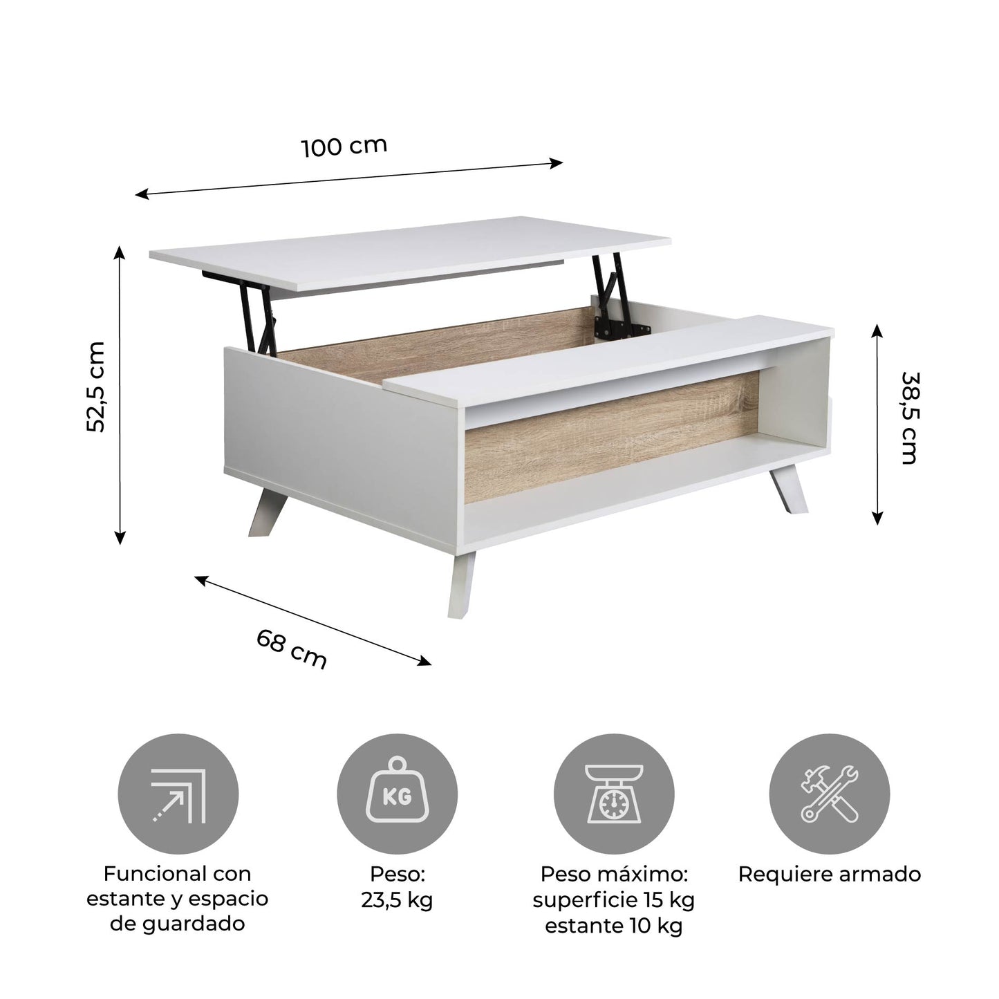 Mesa de Centro Nórdica Elevable con Espacio Interno