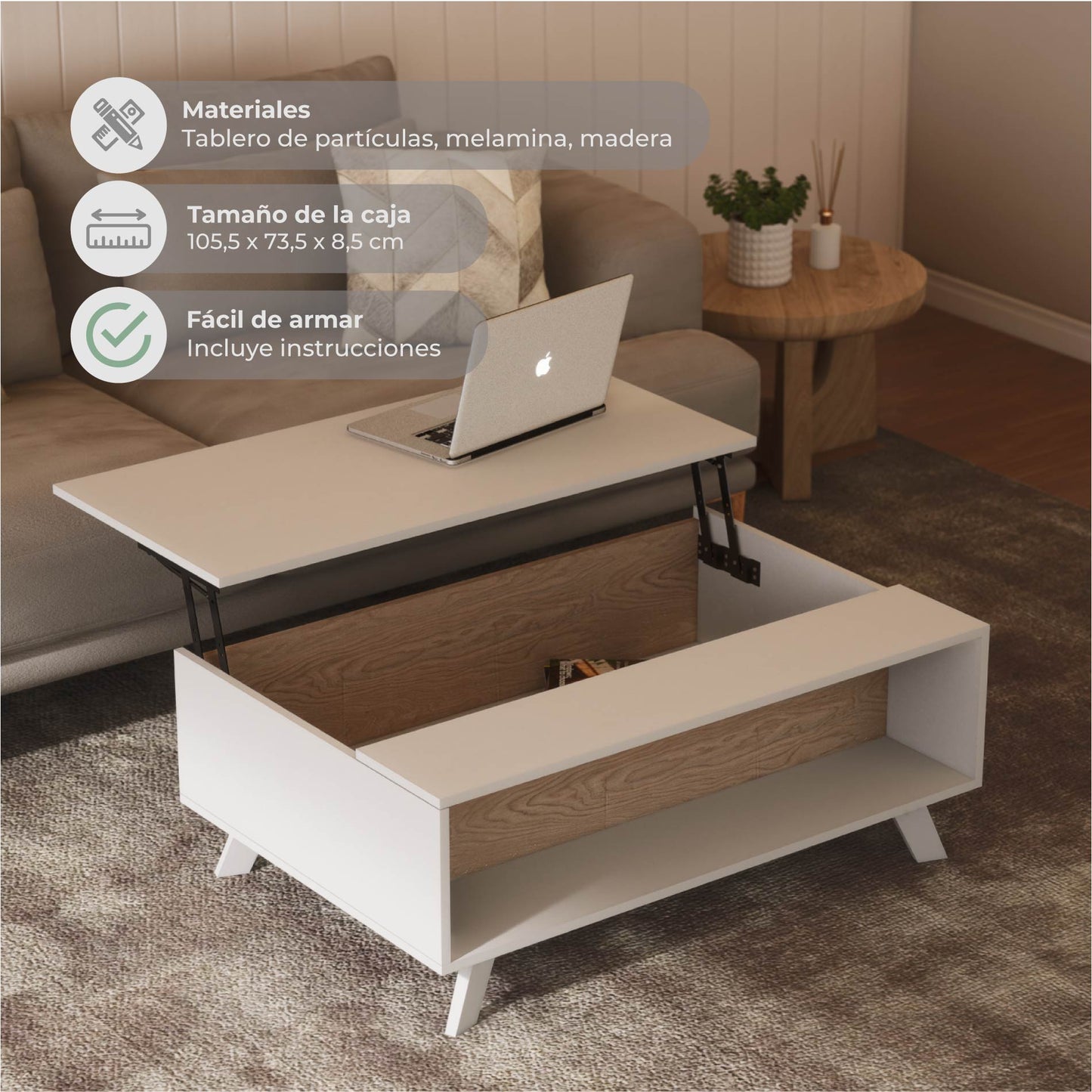 Mesa de Centro Nórdica Elevable con Espacio Interno