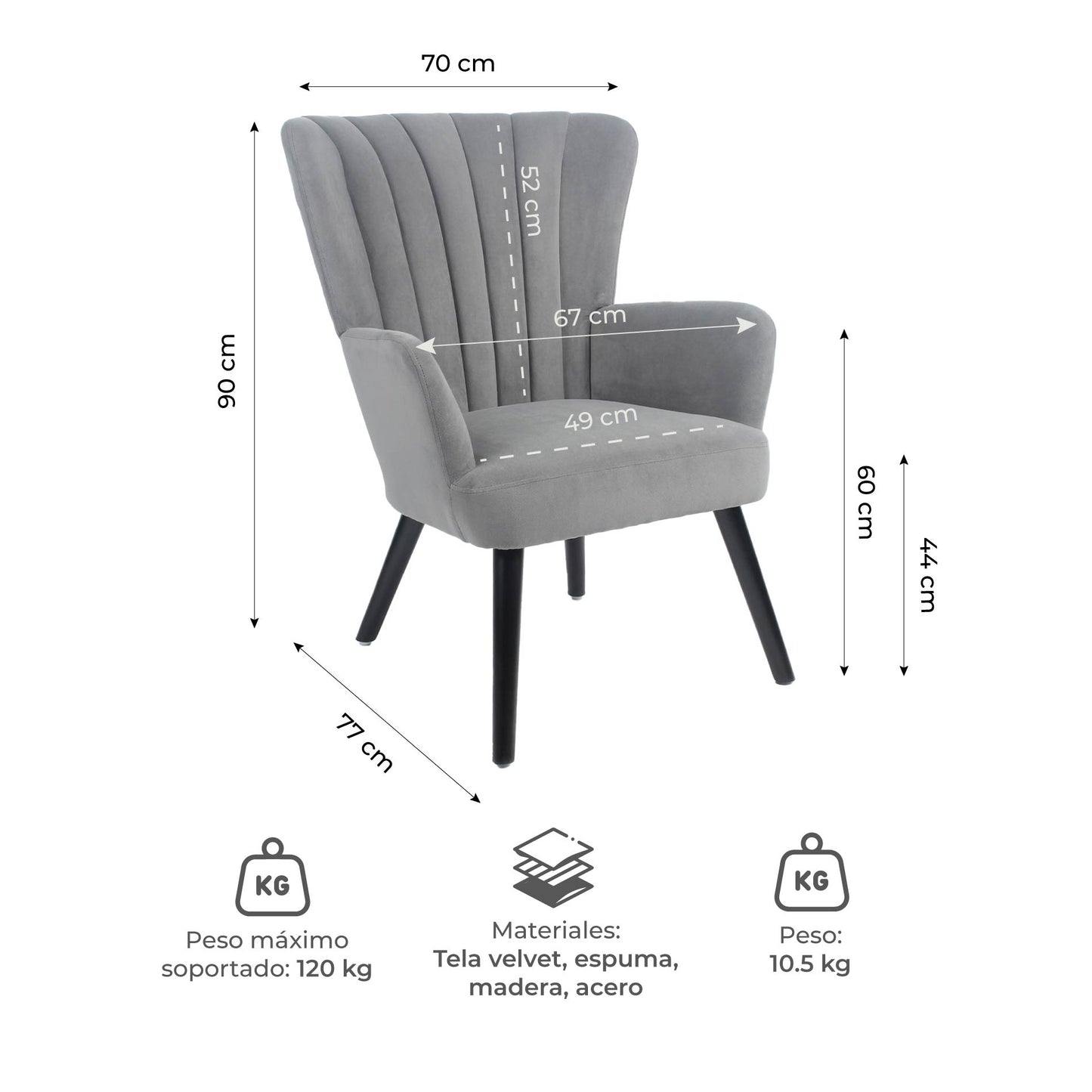 Sillón Individual para Sala Comedor Terciopelo Gris Oscuro