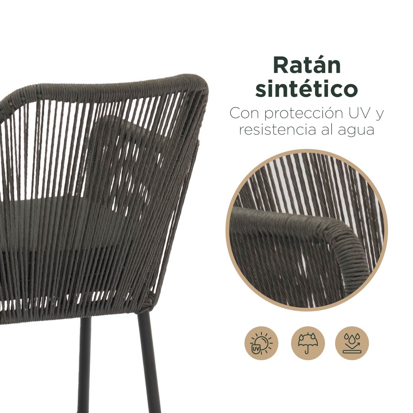 Set 4 Sillas de Exterior de Cuerda de Ratán Sintético con Cojín Gris