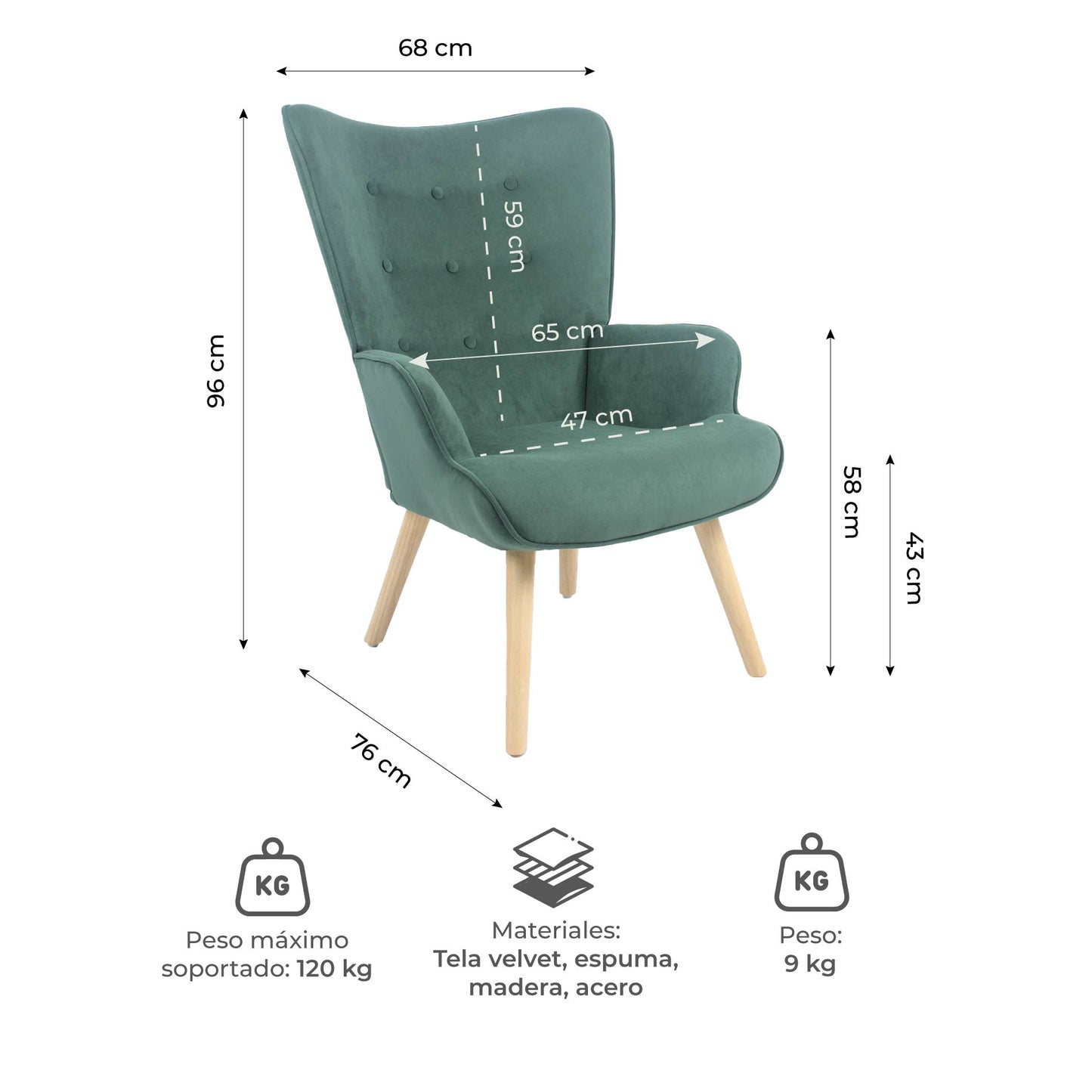 Sillón Individual para Sala Comedor Terciopelo Verde