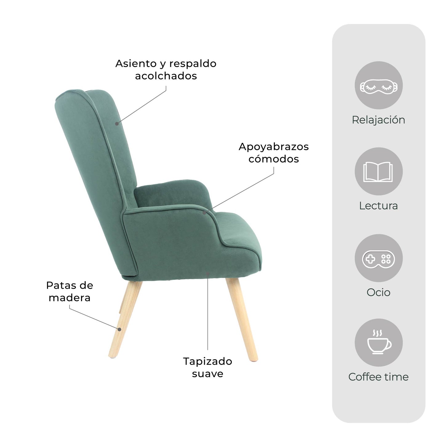 Sillón Individual para Sala Comedor Terciopelo Verde