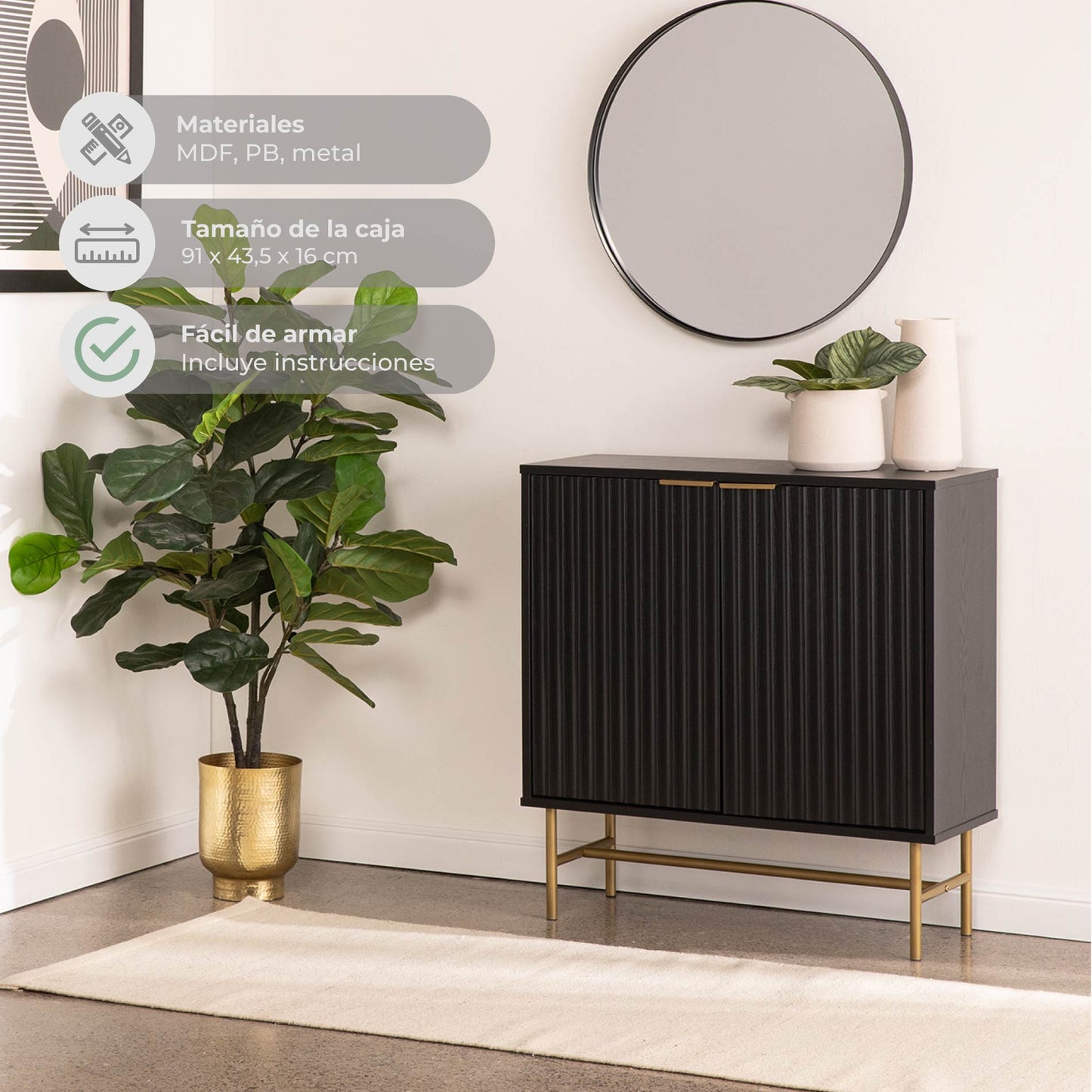 Aparador Bufetera Diseño Acanalado con Puertas Negro y Dorado