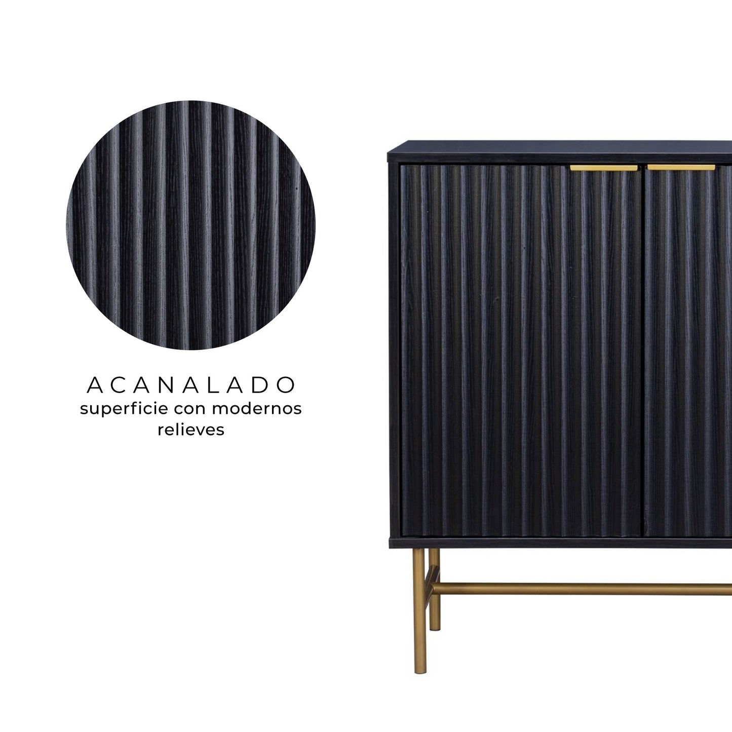 Aparador Bufetera Diseño Acanalado con Puertas Negro y Dorado