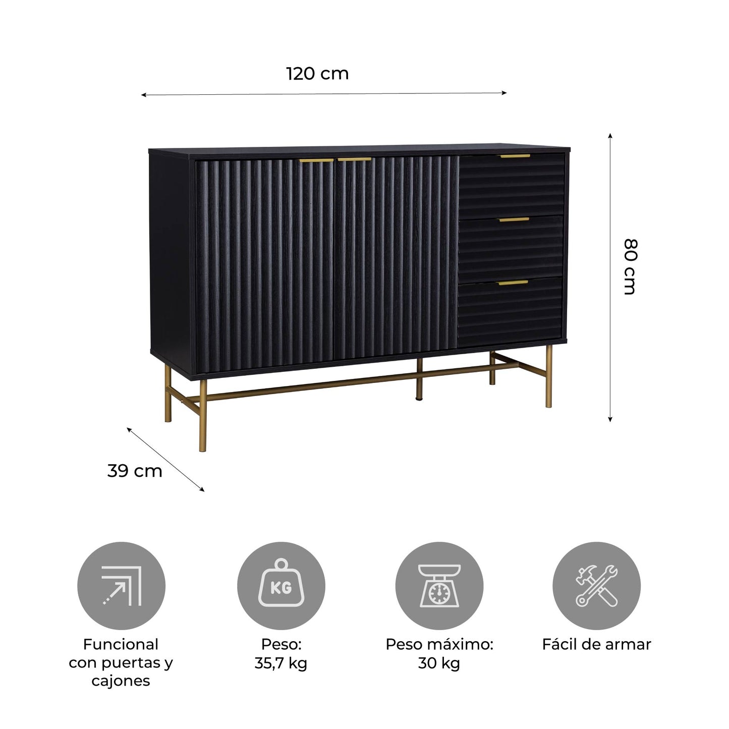 Credenza Bufetera con Puertas y Cajones Diseño Acanalado Negro y Dorado