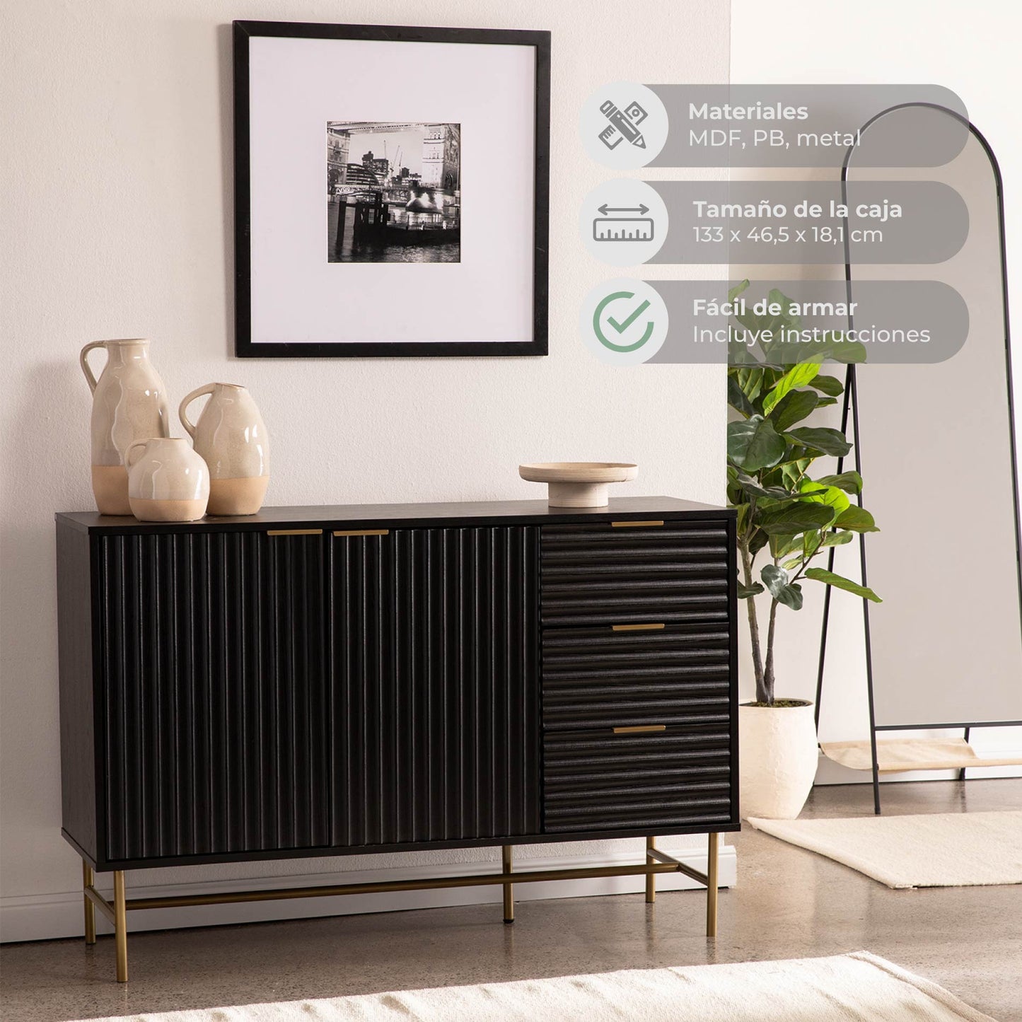 Credenza Bufetera con Puertas y Cajones Diseño Acanalado Negro y Dorado