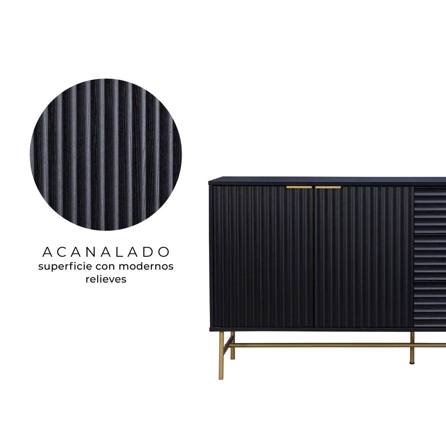 Credenza Bufetera con Puertas y Cajones Diseño Acanalado Negro y Dorado