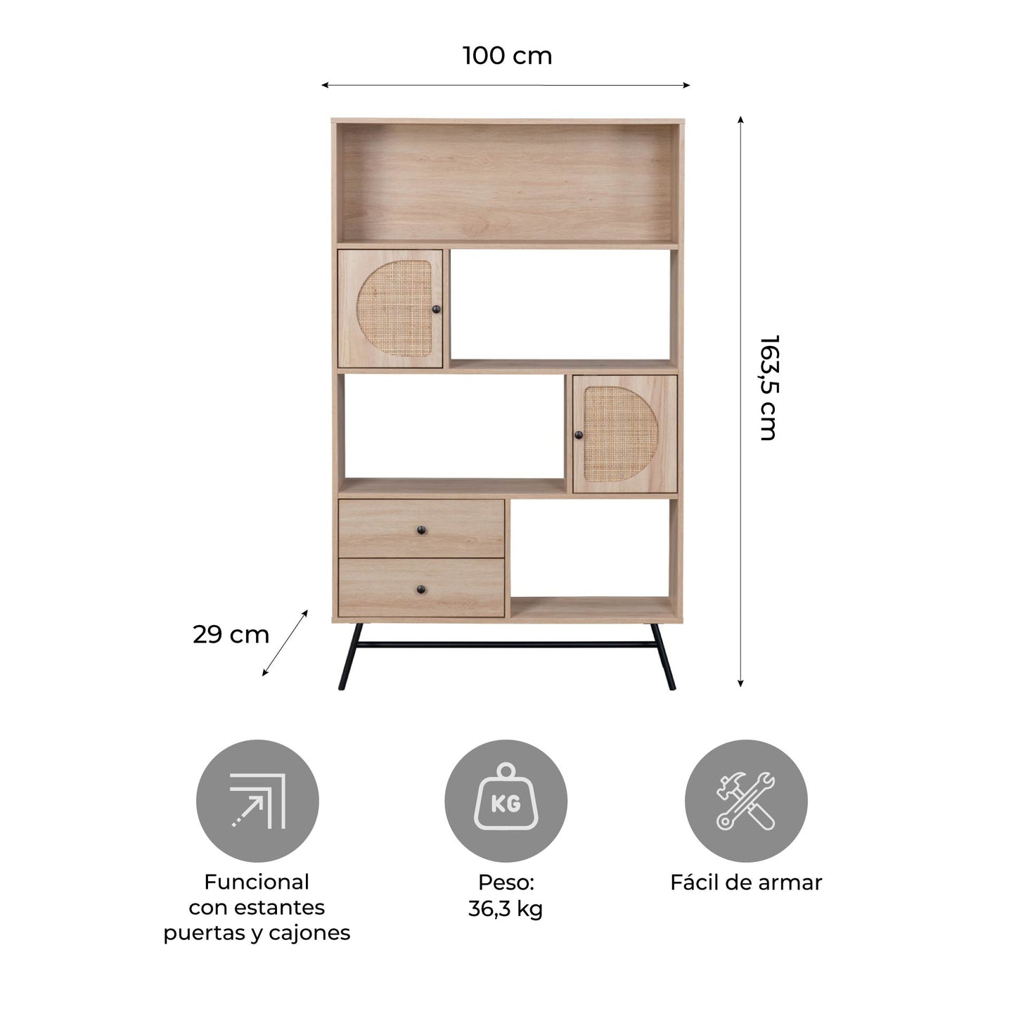 Librero con Estantes Puertas y Cajones de Ratán