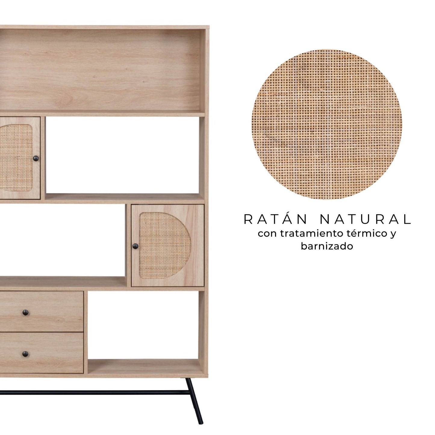 Librero con Estantes Puertas y Cajones de Ratán