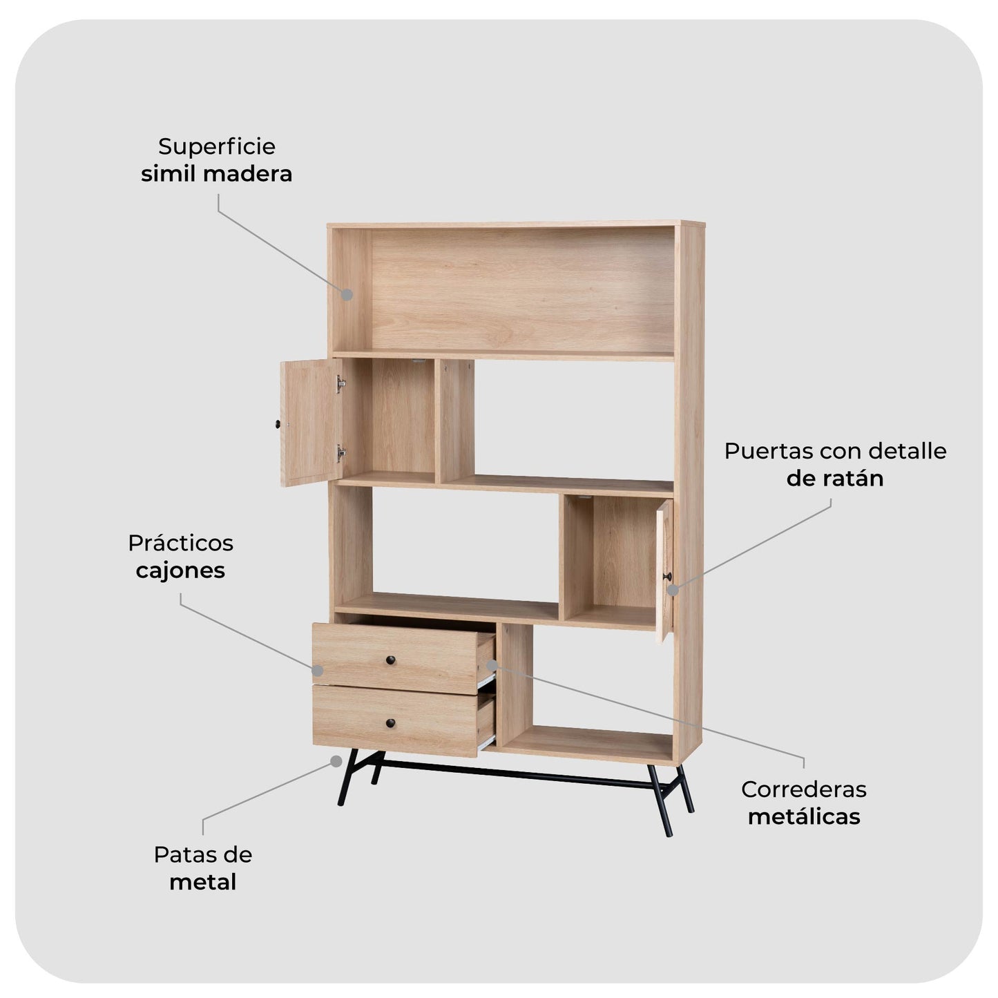 Librero con Estantes Puertas y Cajones de Ratán